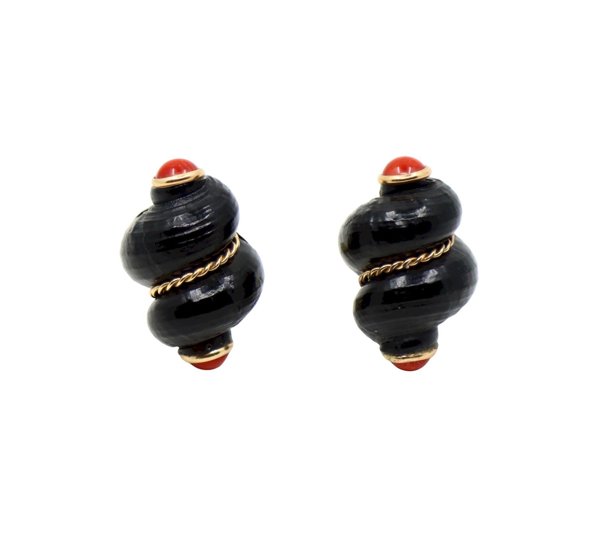 Vintage A.K Kolelni Gold Tone Black & Red Conch Earrings