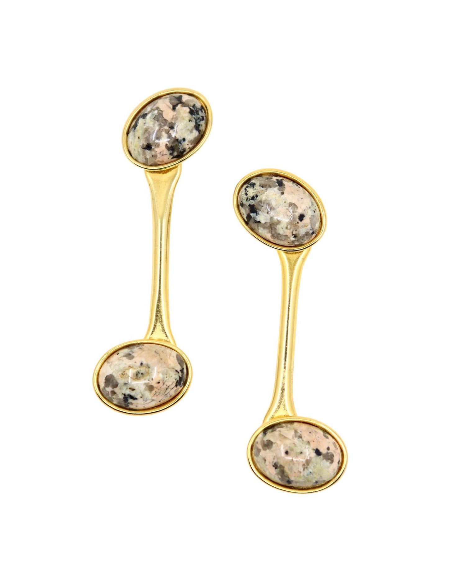 Vintage Gold Tone Signed Faux Marble Cabochon Earrings