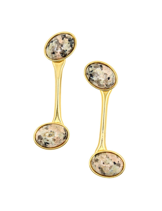 Vintage Gold Tone Signed Faux Marble Cabochon Earrings