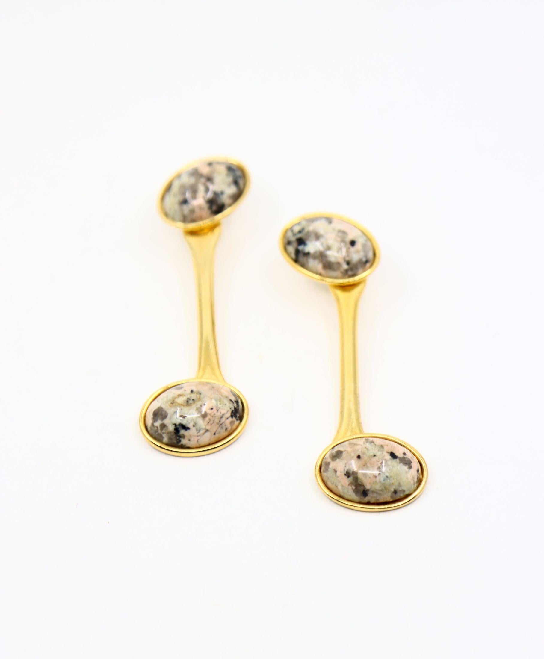 Vintage Gold Tone Signed Faux Marble Cabochon Earrings