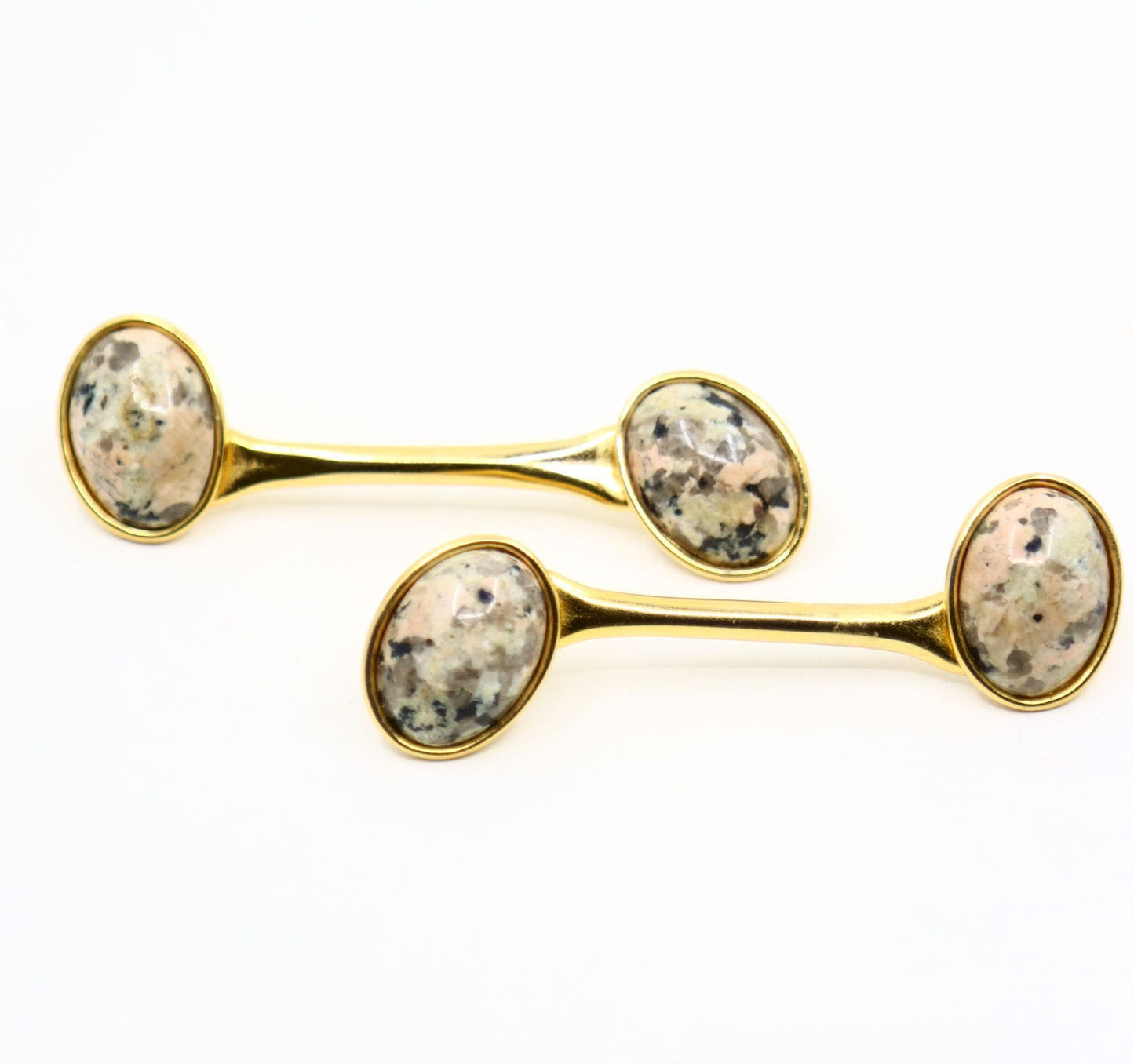 Vintage Gold Tone Signed Faux Marble Cabochon Earrings