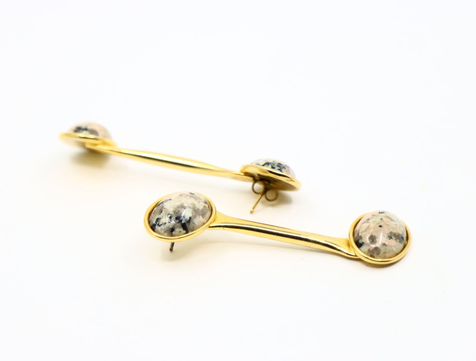 Vintage Gold Tone Signed Faux Marble Cabochon Earrings