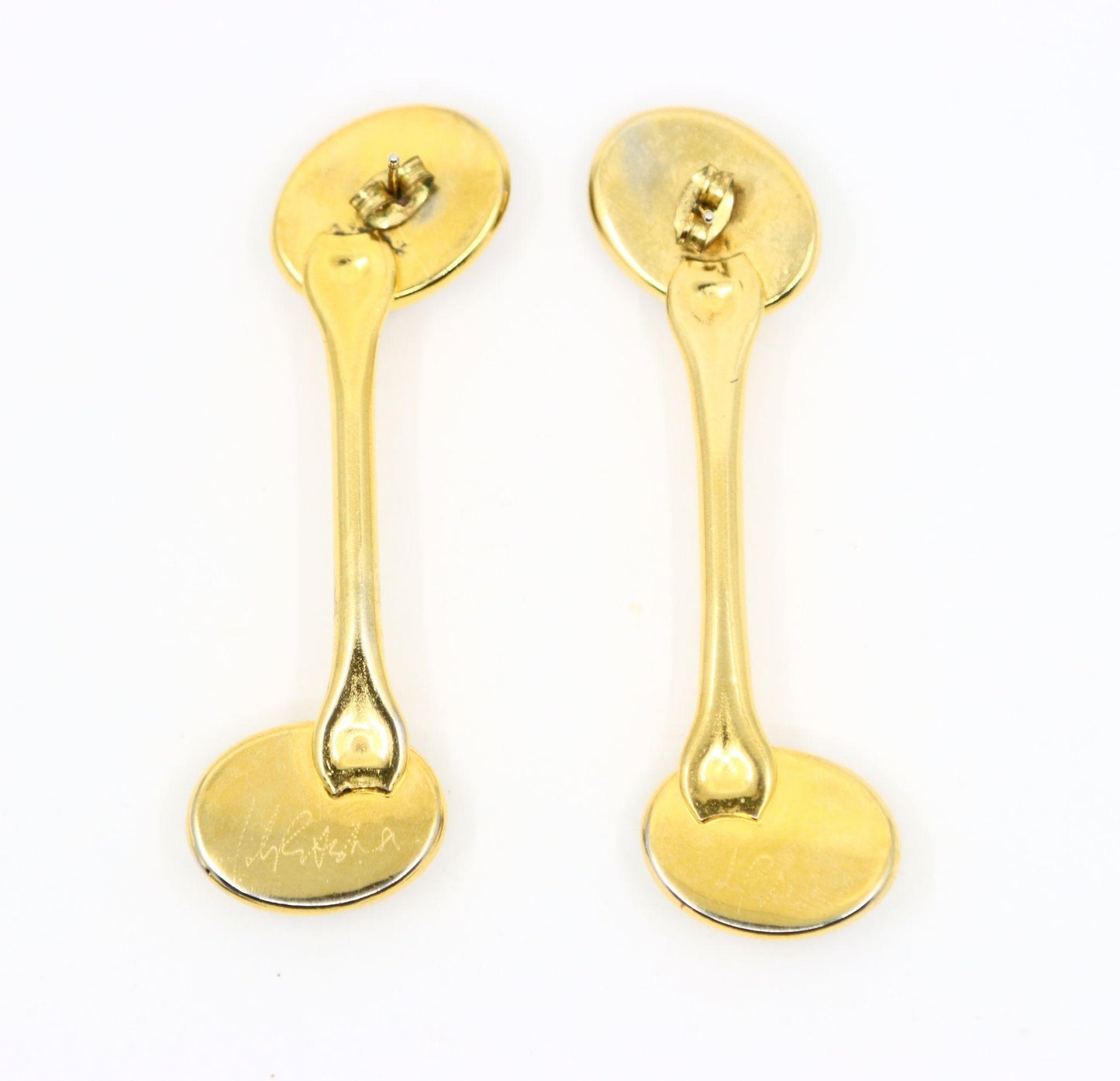 Vintage Gold Tone Signed Faux Marble Cabochon Earrings