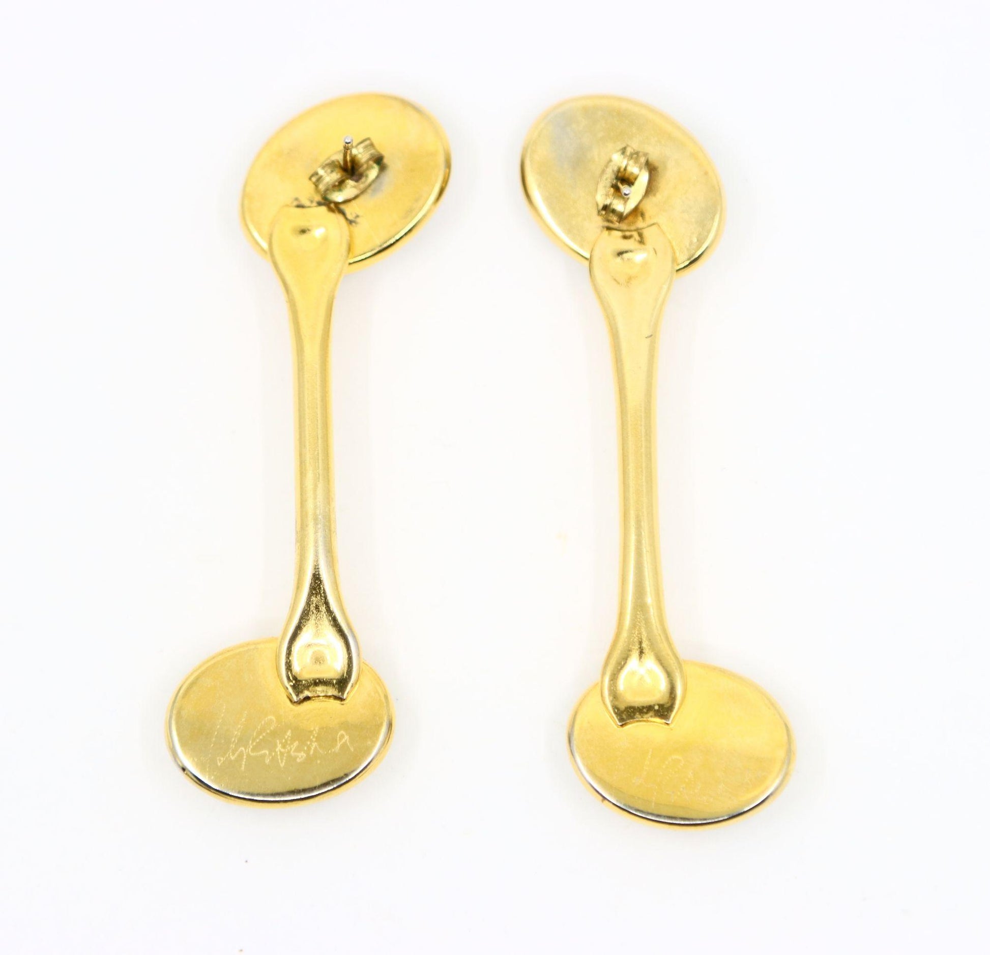 Vintage Gold Tone Signed Faux Marble Cabochon Earrings