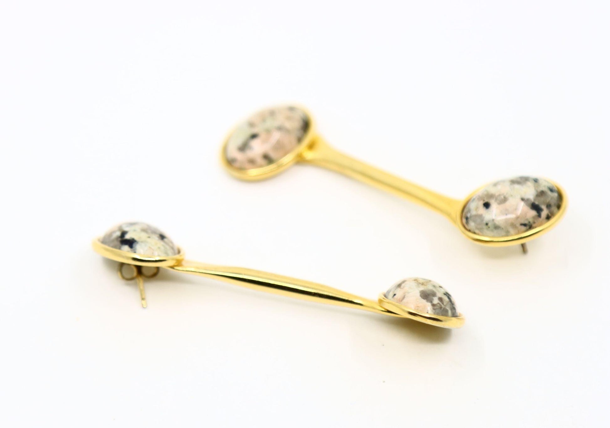 Vintage Gold Tone Signed Faux Marble Cabochon Earrings