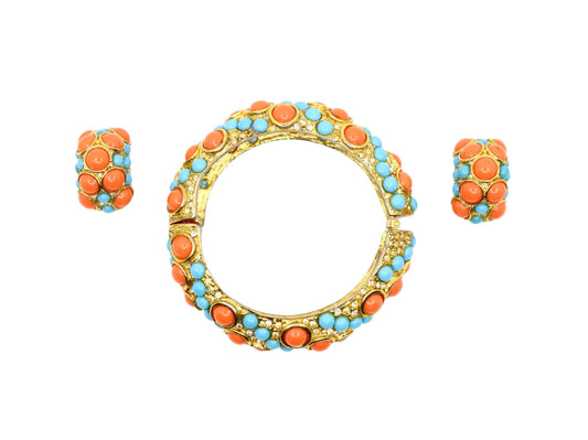 Vintage KJL Gold Tone Faux Turquoise Rhinestone Earrings & Bracelet Set