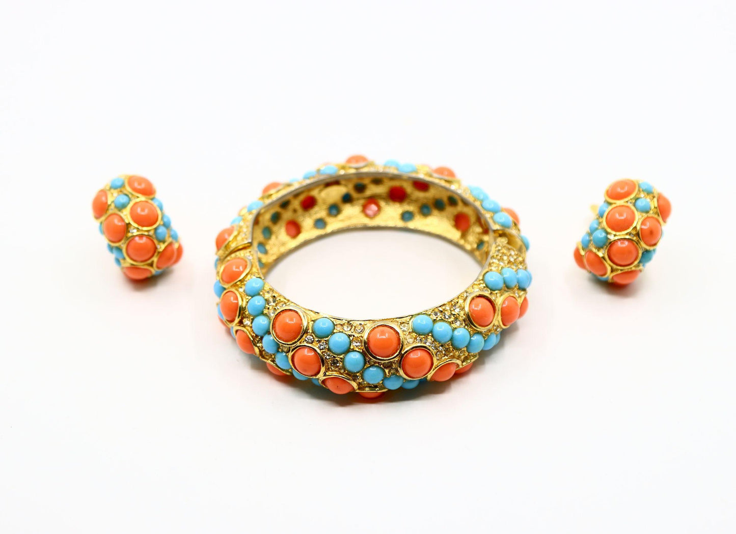 Vintage KJL Gold Tone Faux Turquoise Rhinestone Earrings & Bracelet Set