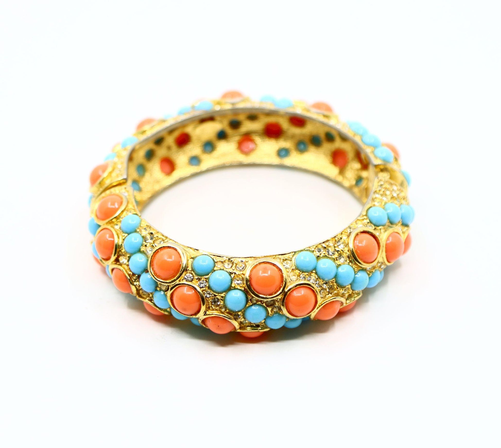 Vintage KJL Gold Tone Faux Turquoise Rhinestone Earrings & Bracelet Set