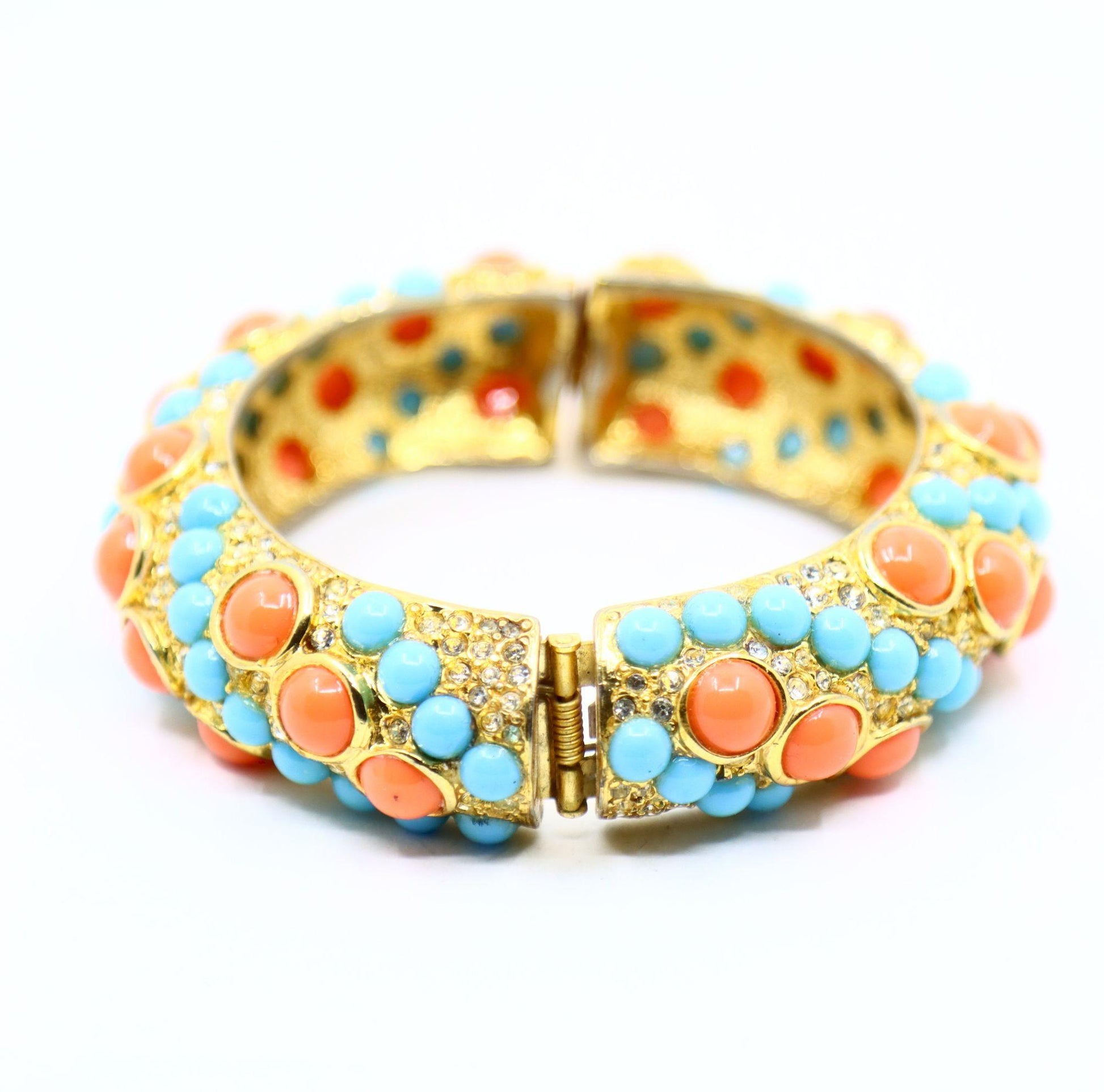 Vintage KJL Gold Tone Faux Turquoise Rhinestone Earrings & Bracelet Set