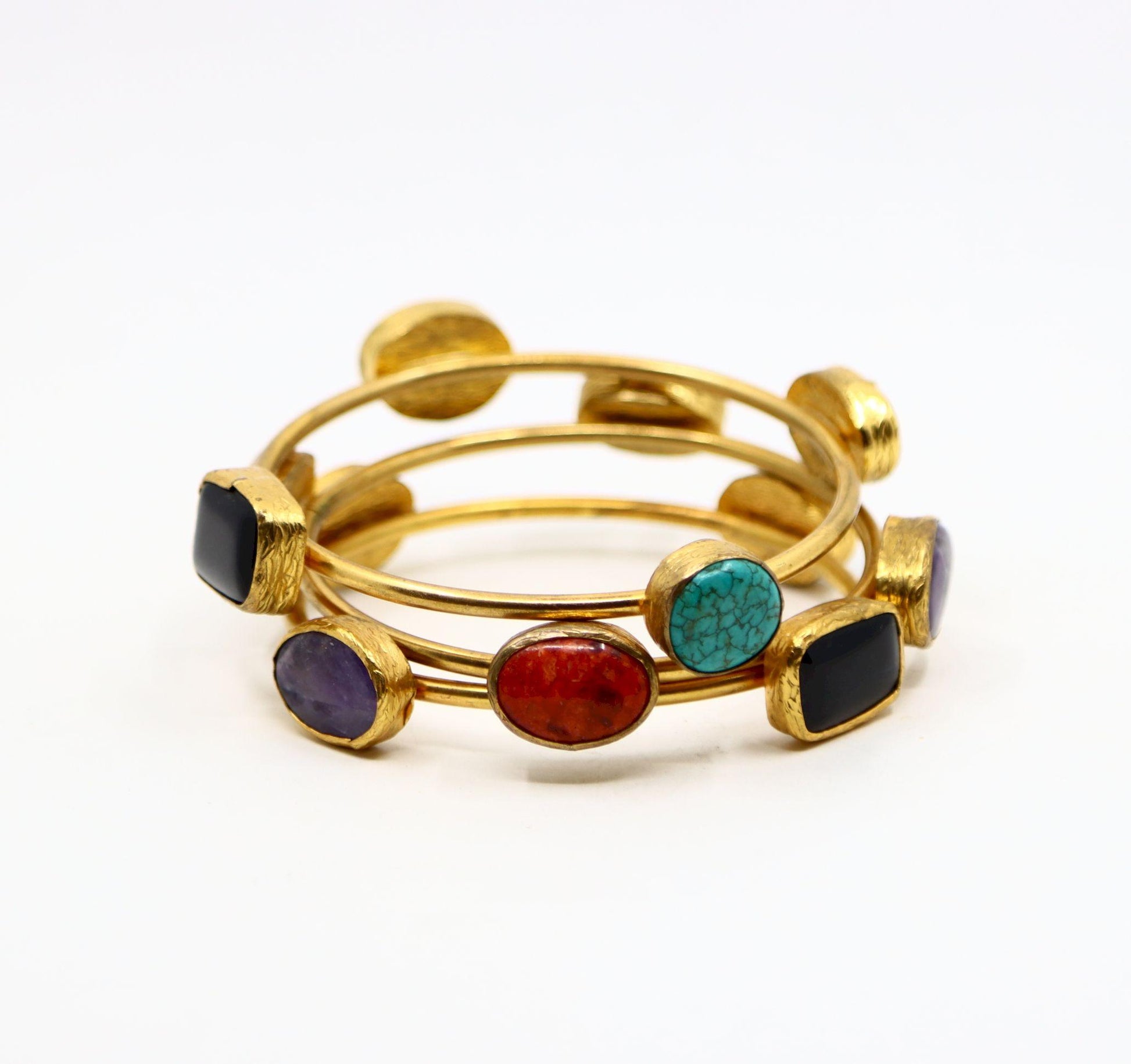 Vintage Gold Tone Three Stands Muti-Stone Bangle