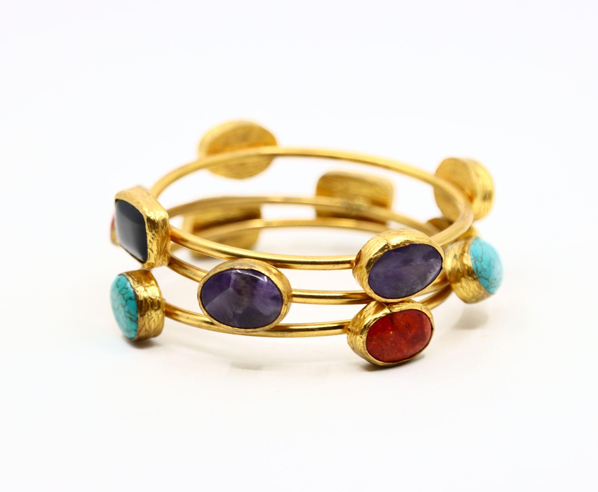 Vintage Gold Tone Three Stands Muti-Stone Bangle