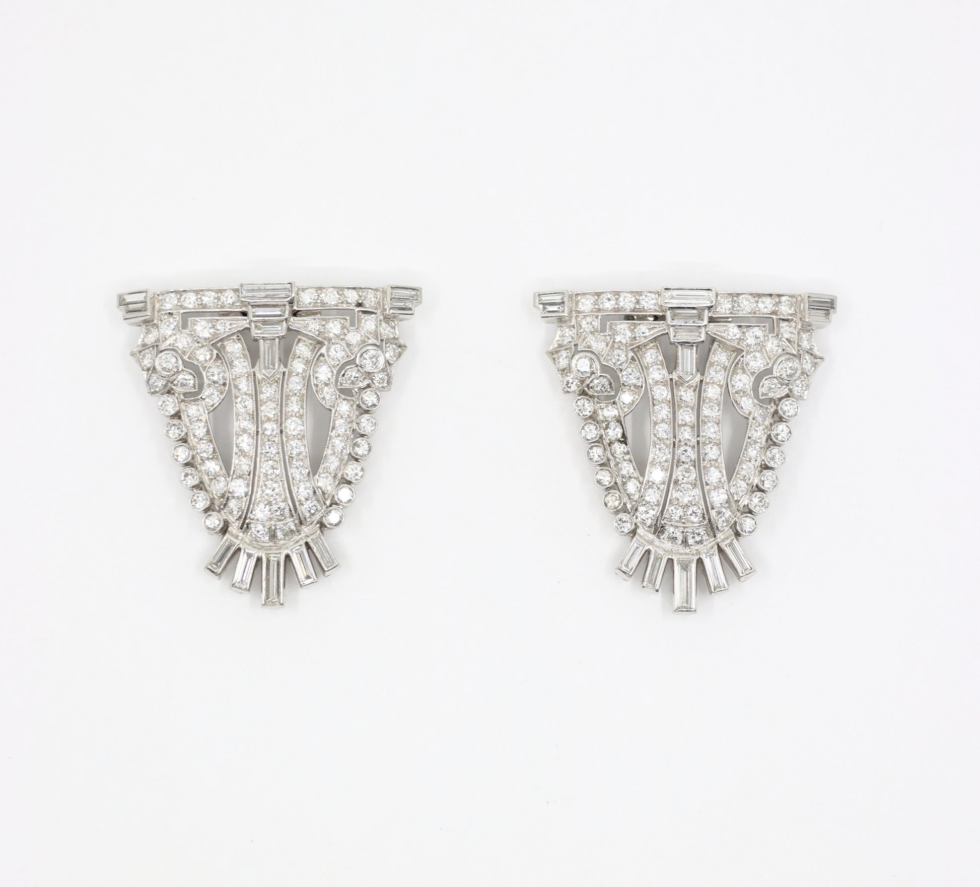 Vintage Art Deco Style Platinum Diamond Double Brooch Clips