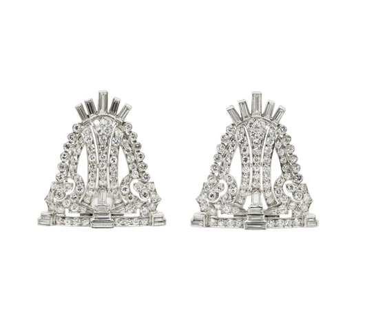 Vintage Art Deco Style Platinum Diamond Double Brooch Clips