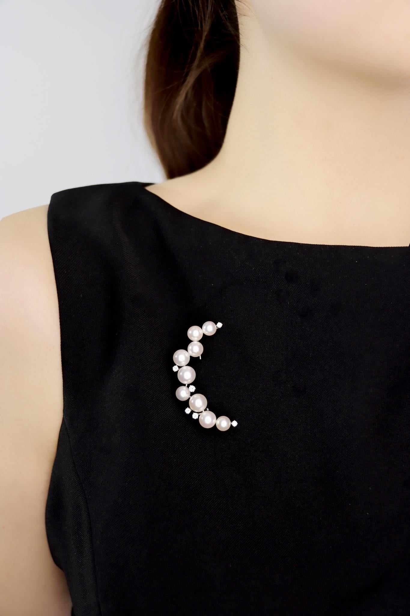 Tasaki 18K White Gold Diamonds Pearl Moon Brooch