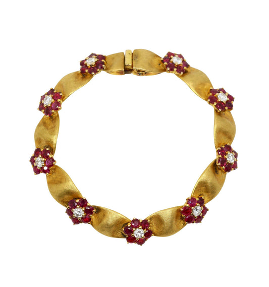 Vintage 18K Gold Ruby Diamond Flower Bracelet