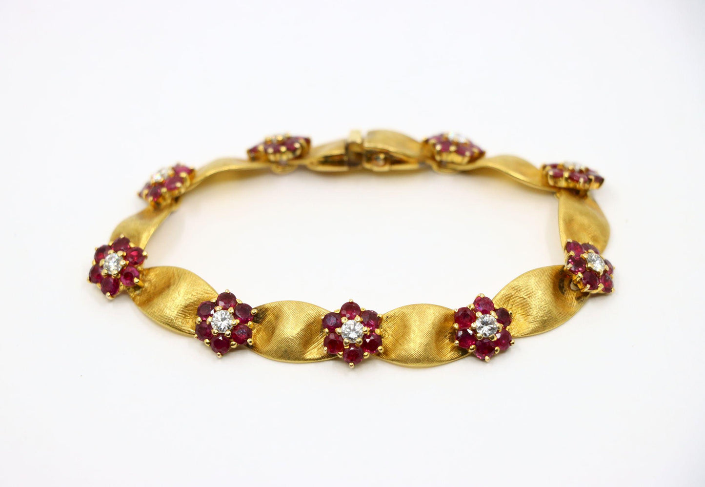 Vintage 18K Gold Ruby Diamond Flower Bracelet