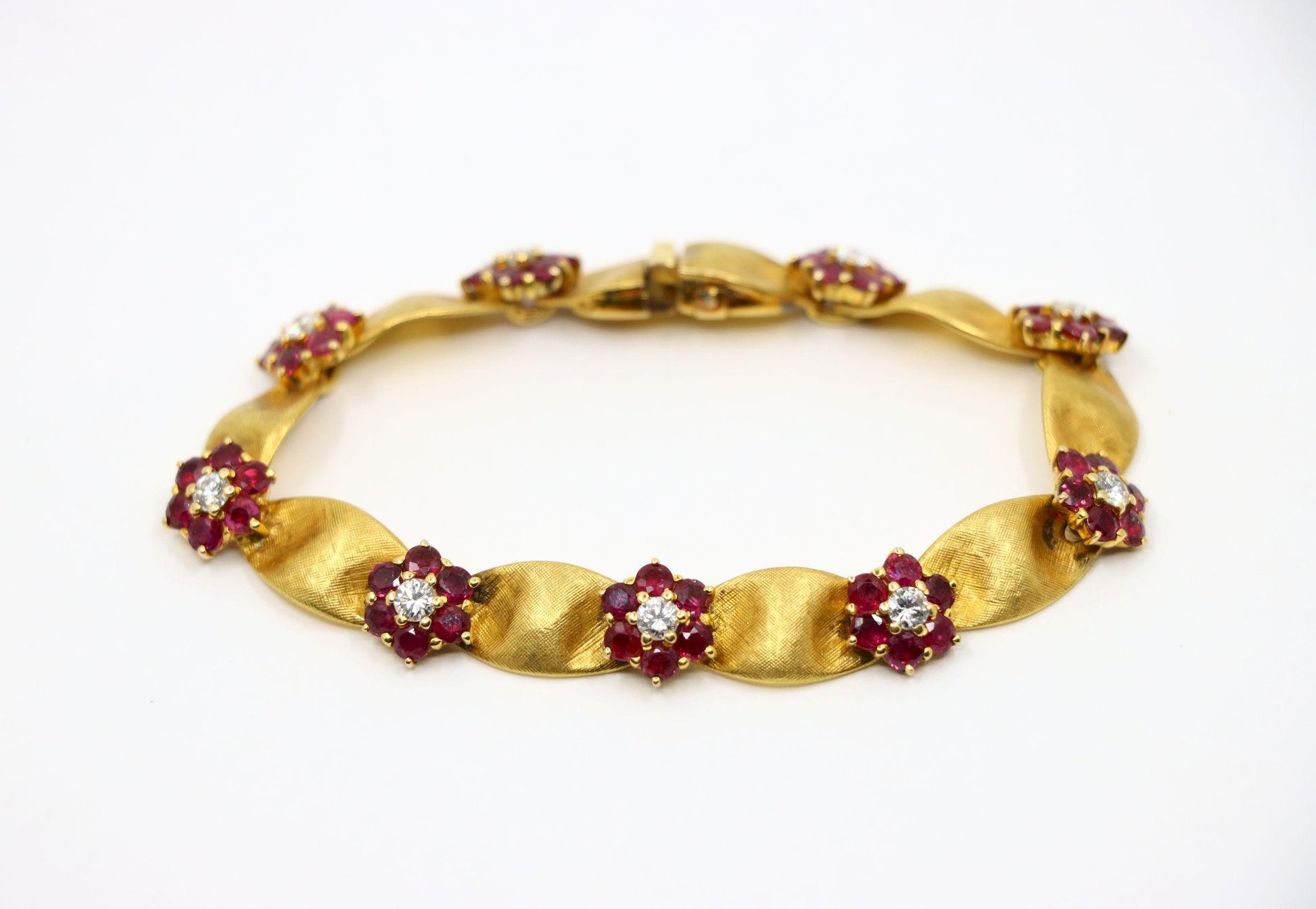 Vintage 18K Gold Ruby Diamond Flower Bracelet