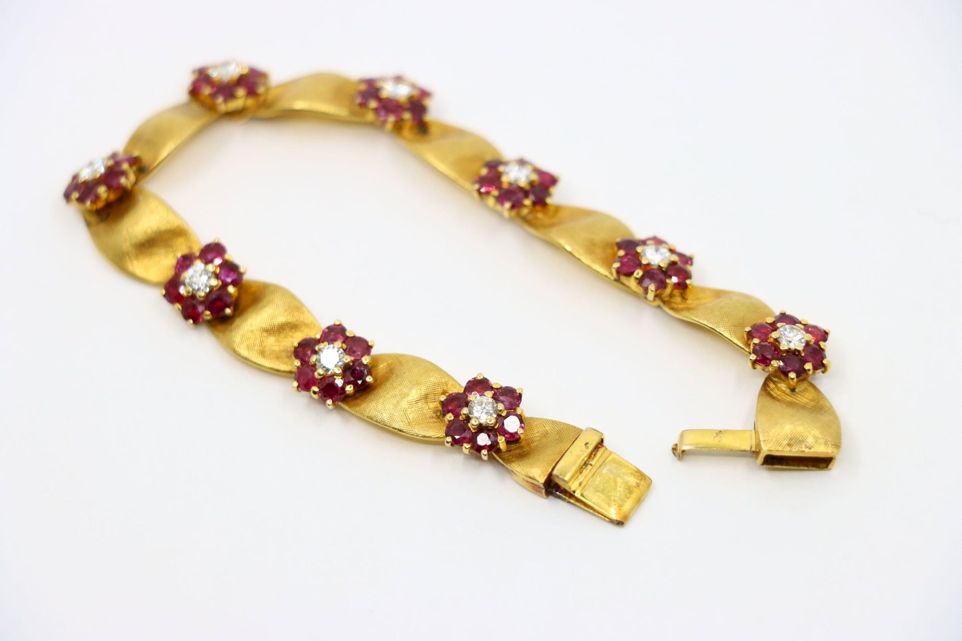 Vintage 18K Gold Ruby Diamond Flower Bracelet
