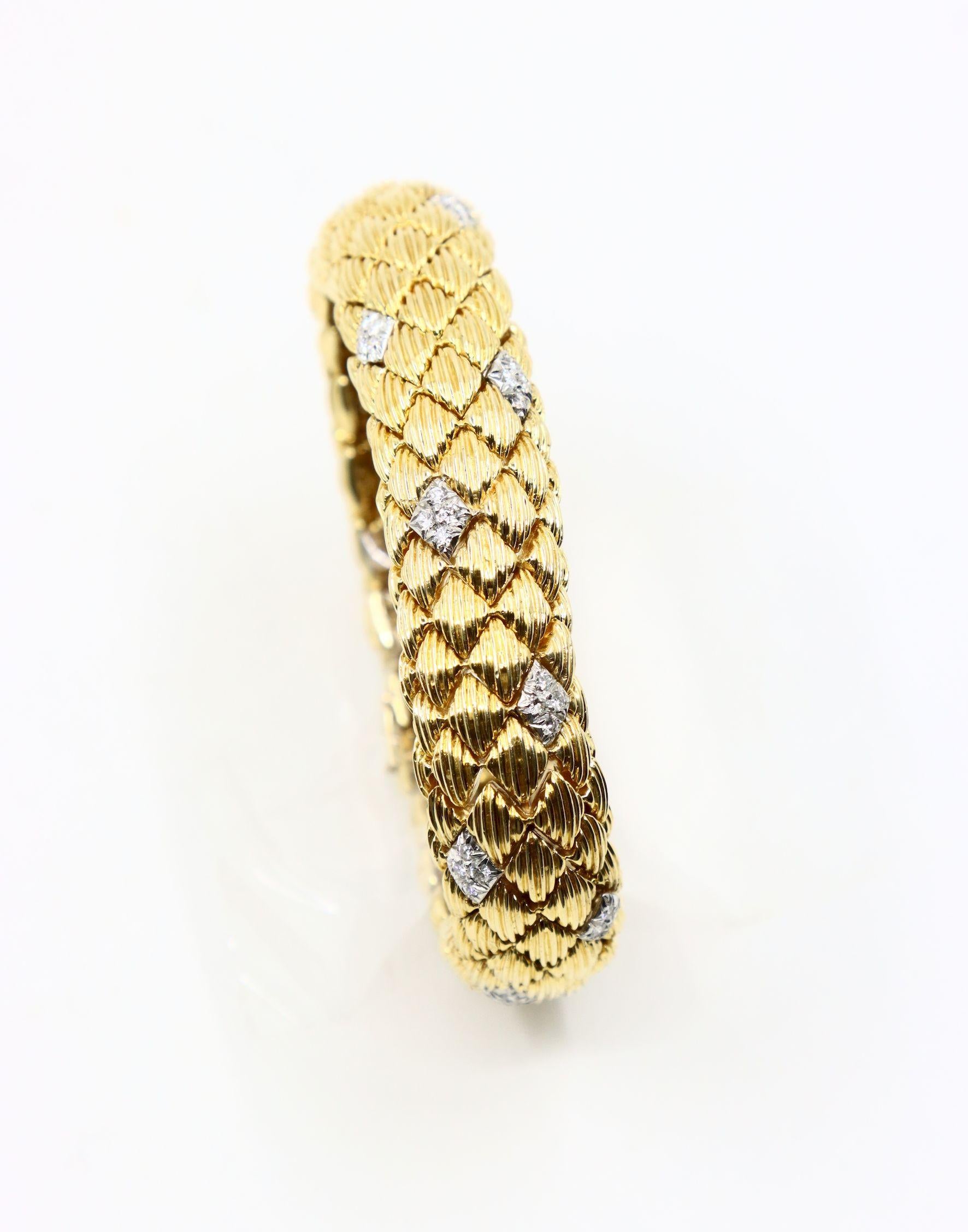 David Webb 18K Gold Diamonds Textured Bracelet