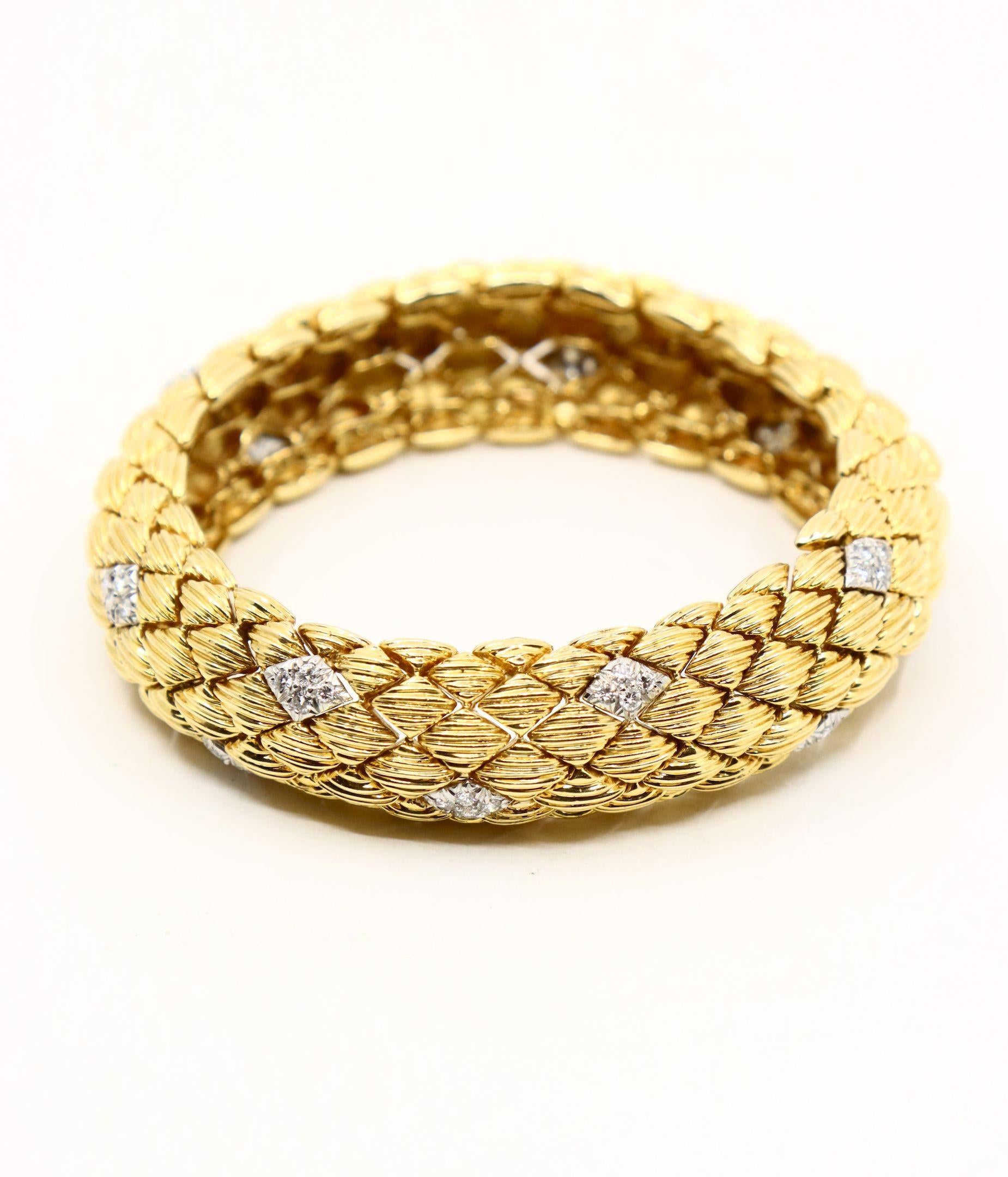 David Webb 18K Gold Diamonds Textured Bracelet