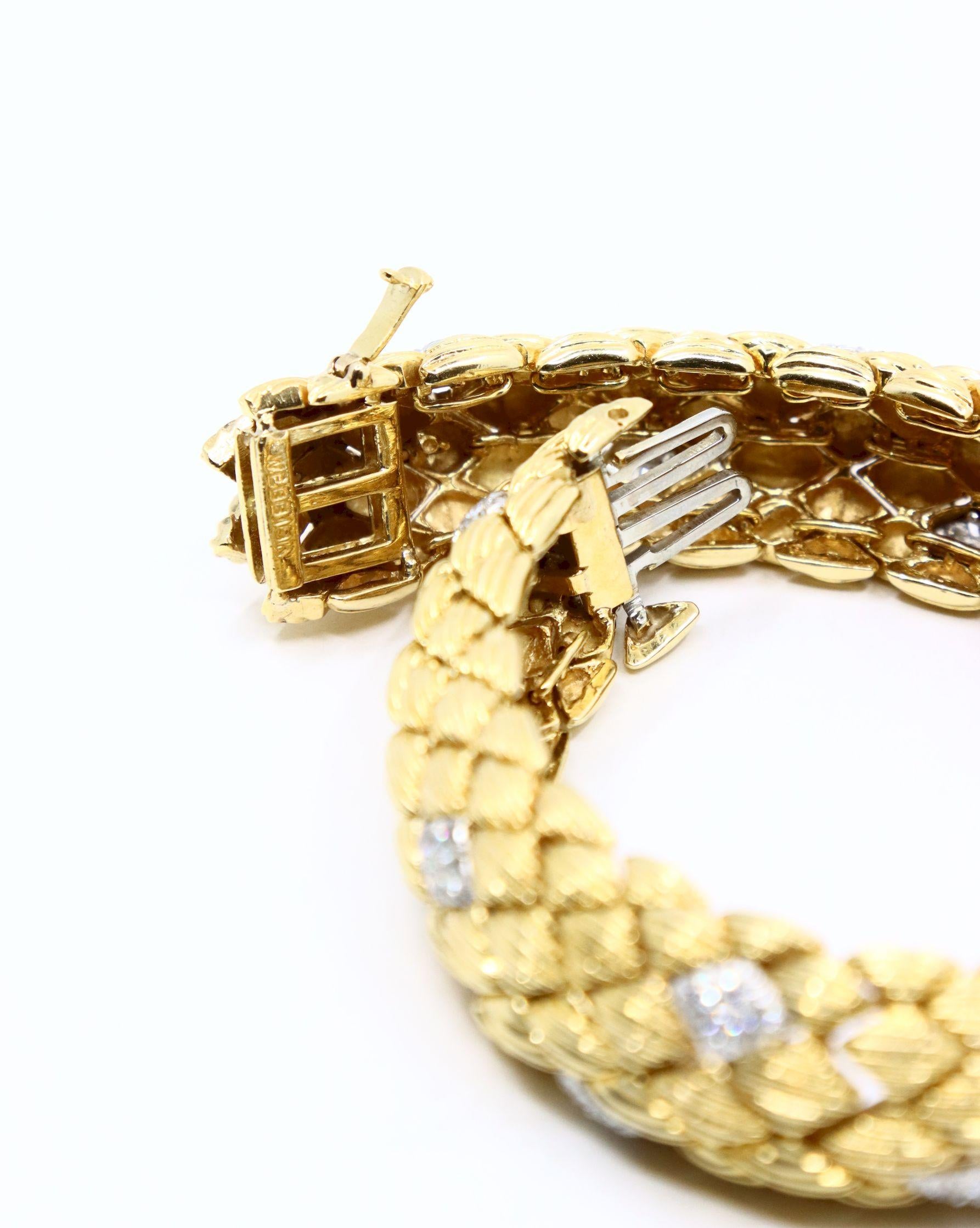 David Webb 18K Gold Diamonds Textured Bracelet
