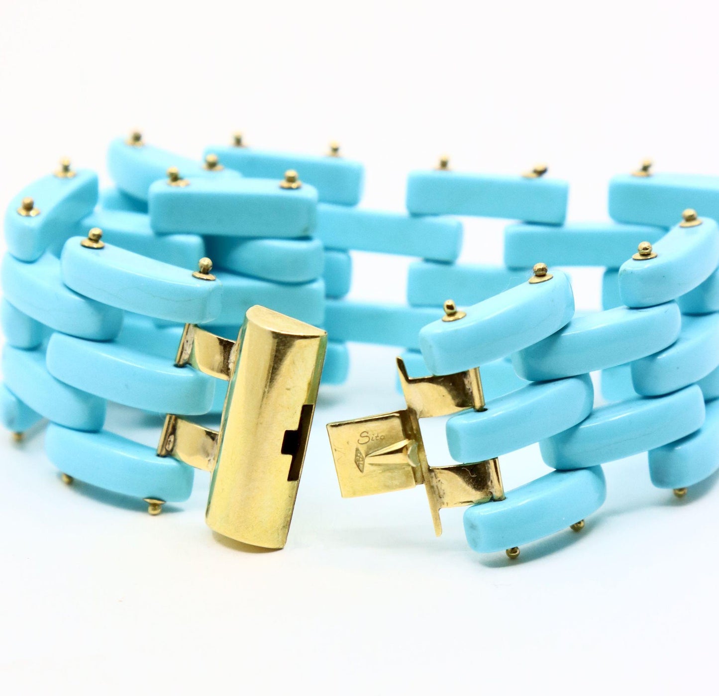Vintage Sito 18K Gold s Sleeping Beauty Turquoise Link Bracelet