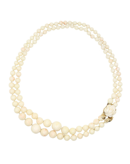 Vintage 14K Gold Two Stands Flower Coral Beads Necklace