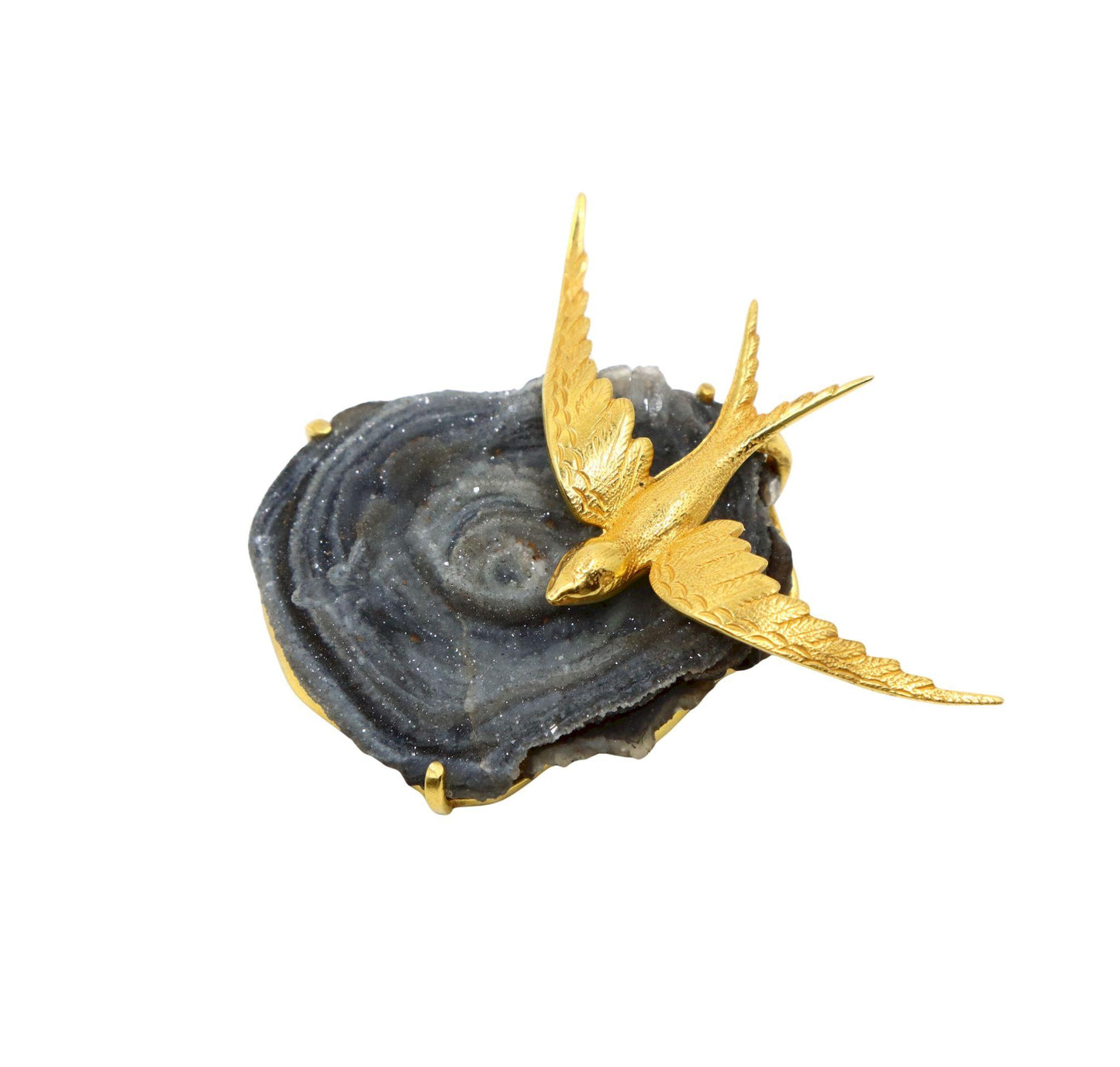 Vintage 14K Gold Brid on Crystal Geode Brooch