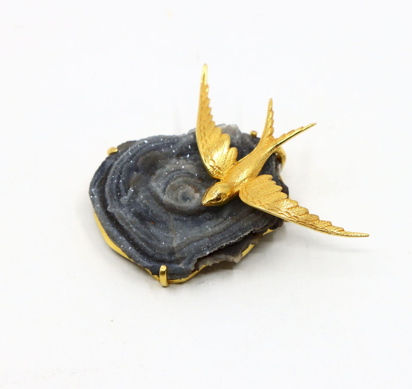 Vintage 14K Gold Brid on Crystal Geode Brooch