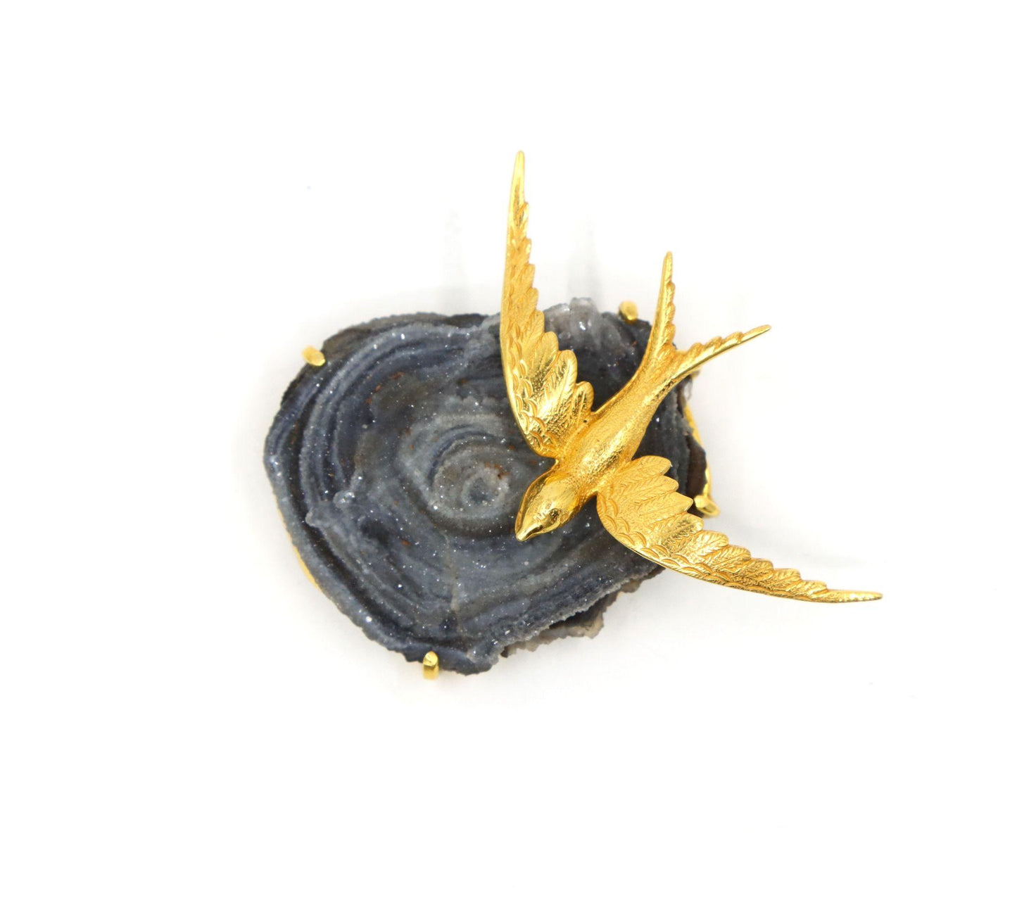 Vintage 14K Gold Brid on Crystal Geode Brooch