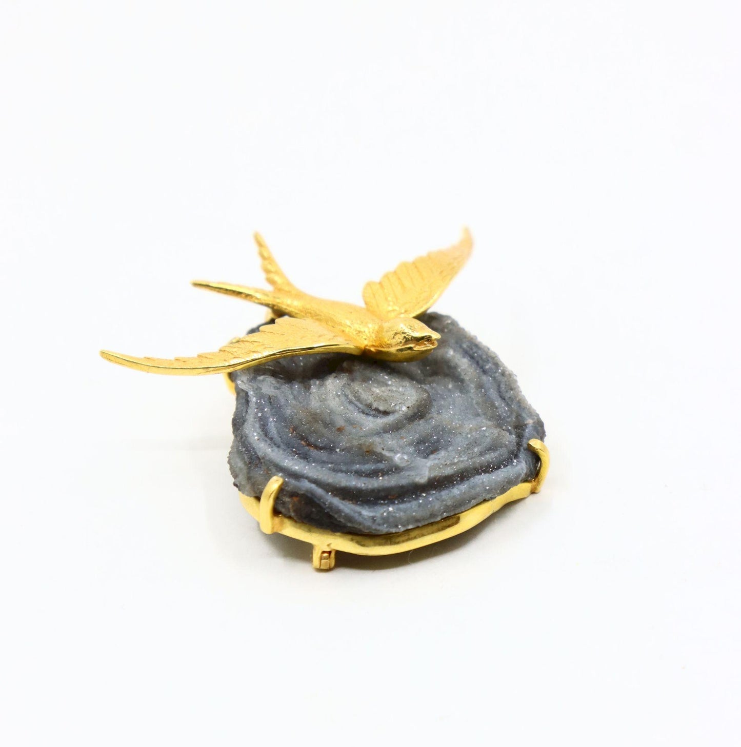 Vintage 14K Gold Brid on Crystal Geode Brooch