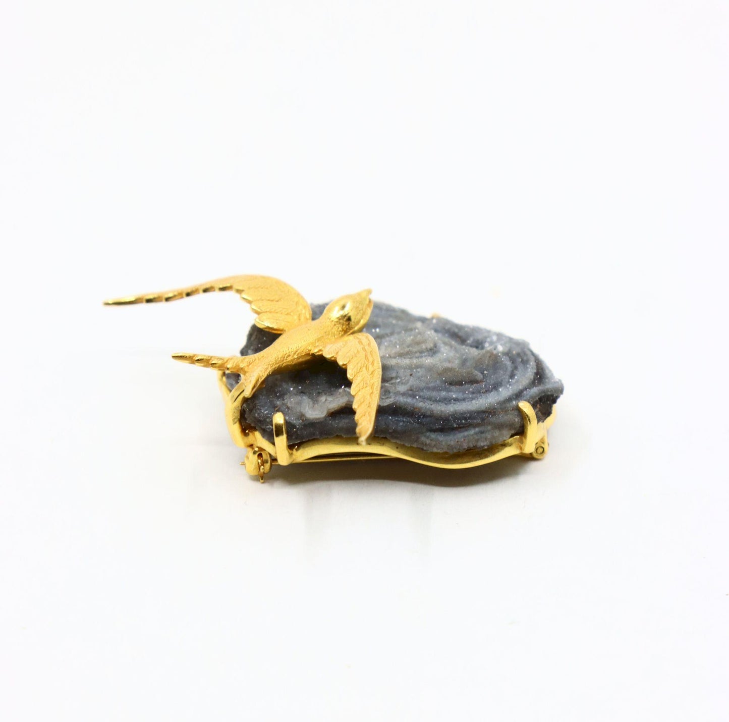 Vintage 14K Gold Brid on Crystal Geode Brooch
