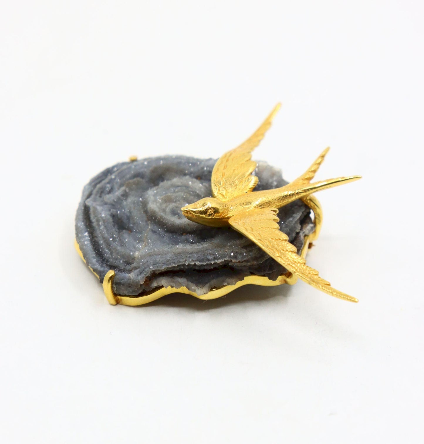 Vintage 14K Gold Brid on Crystal Geode Brooch