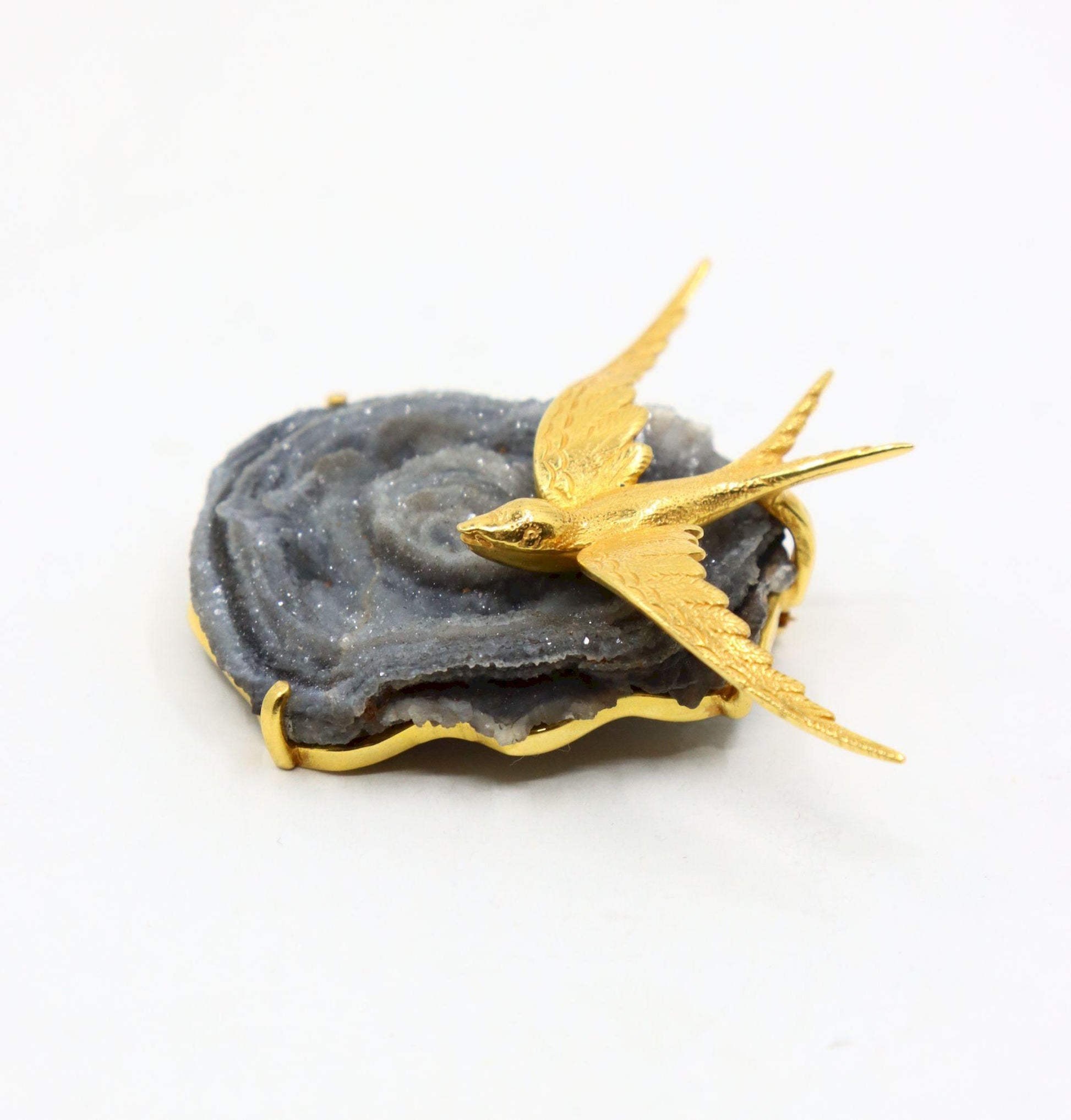 Vintage 14K Gold Brid on Crystal Geode Brooch