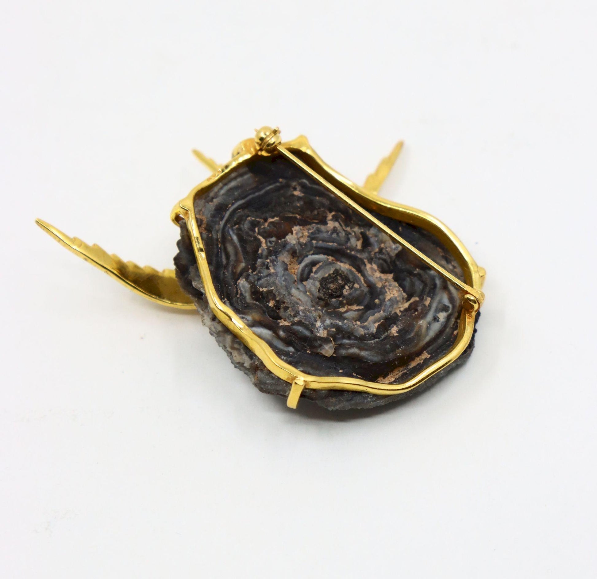 Vintage 14K Gold Brid on Crystal Geode Brooch