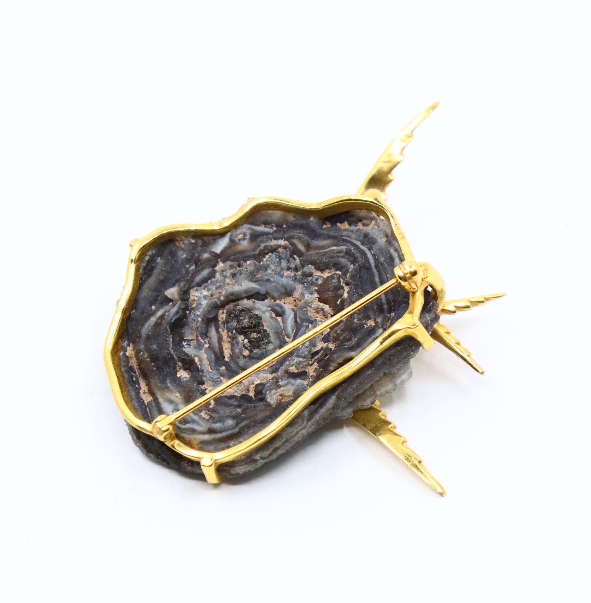 Vintage 14K Gold Brid on Crystal Geode Brooch
