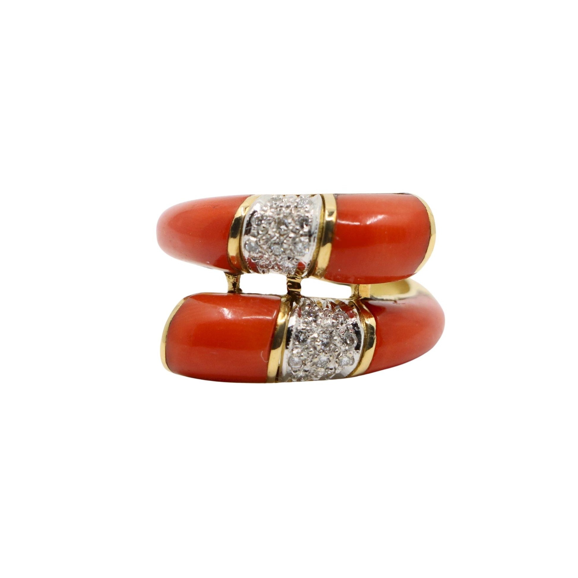 18K Gold Coral Diamonds Ring Bypass Ring