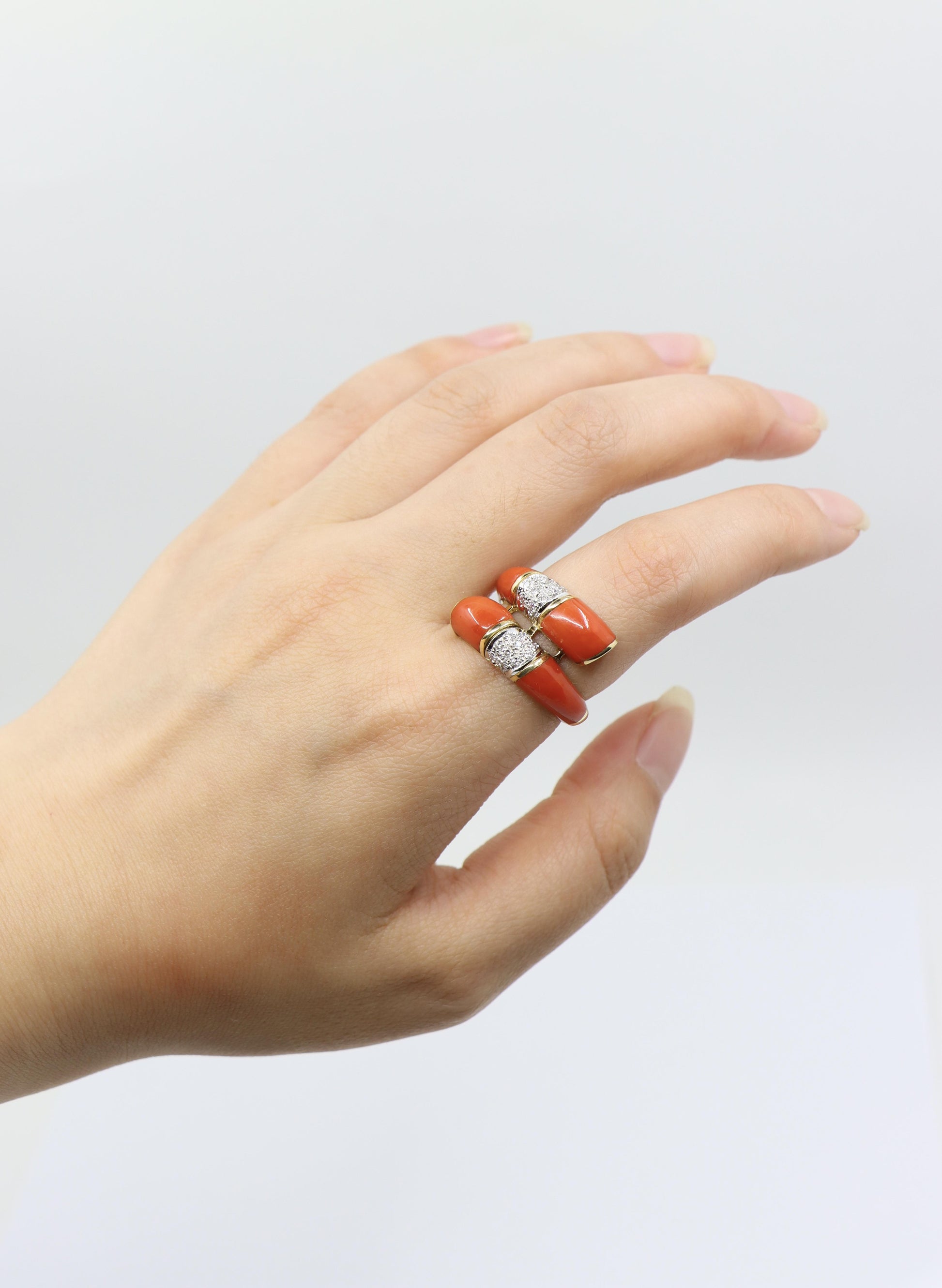 18K Gold Coral Diamonds Ring Bypass Ring