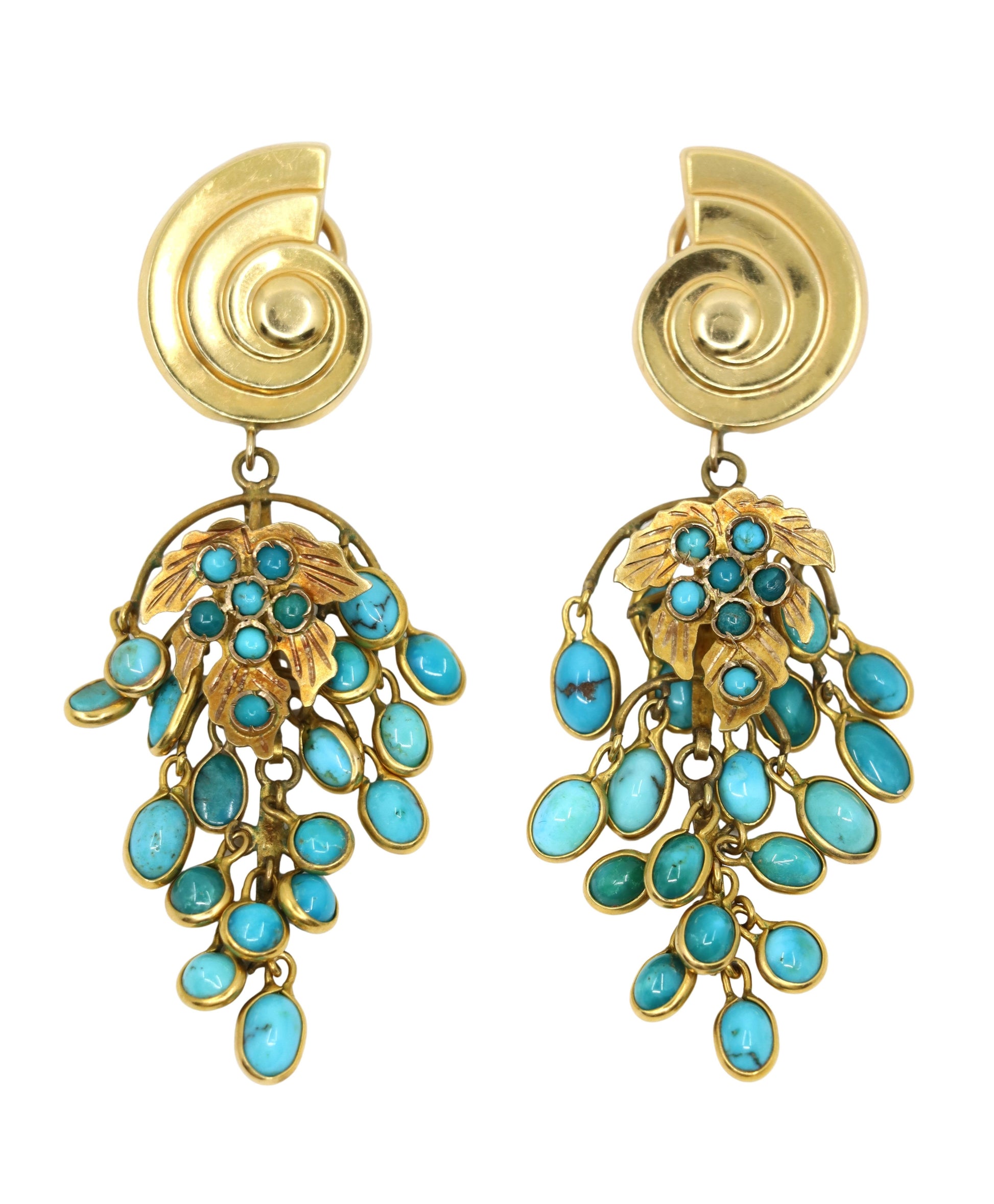 Antique French 18K & 14K Gold Turquoise Cabochon Chandelier Earrings