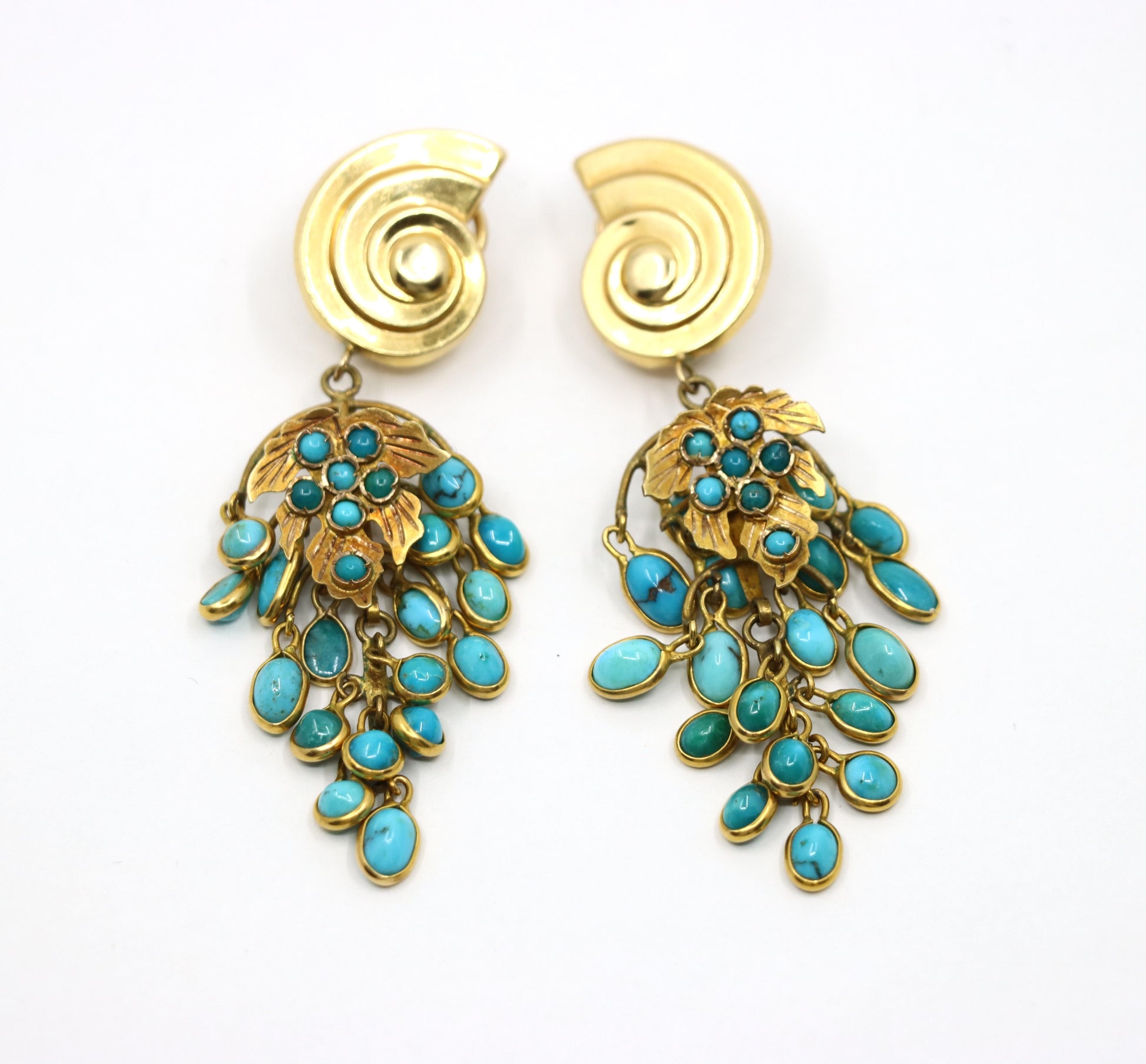 Antique French 18K & 14K Gold Turquoise Cabochon Chandelier Earrings