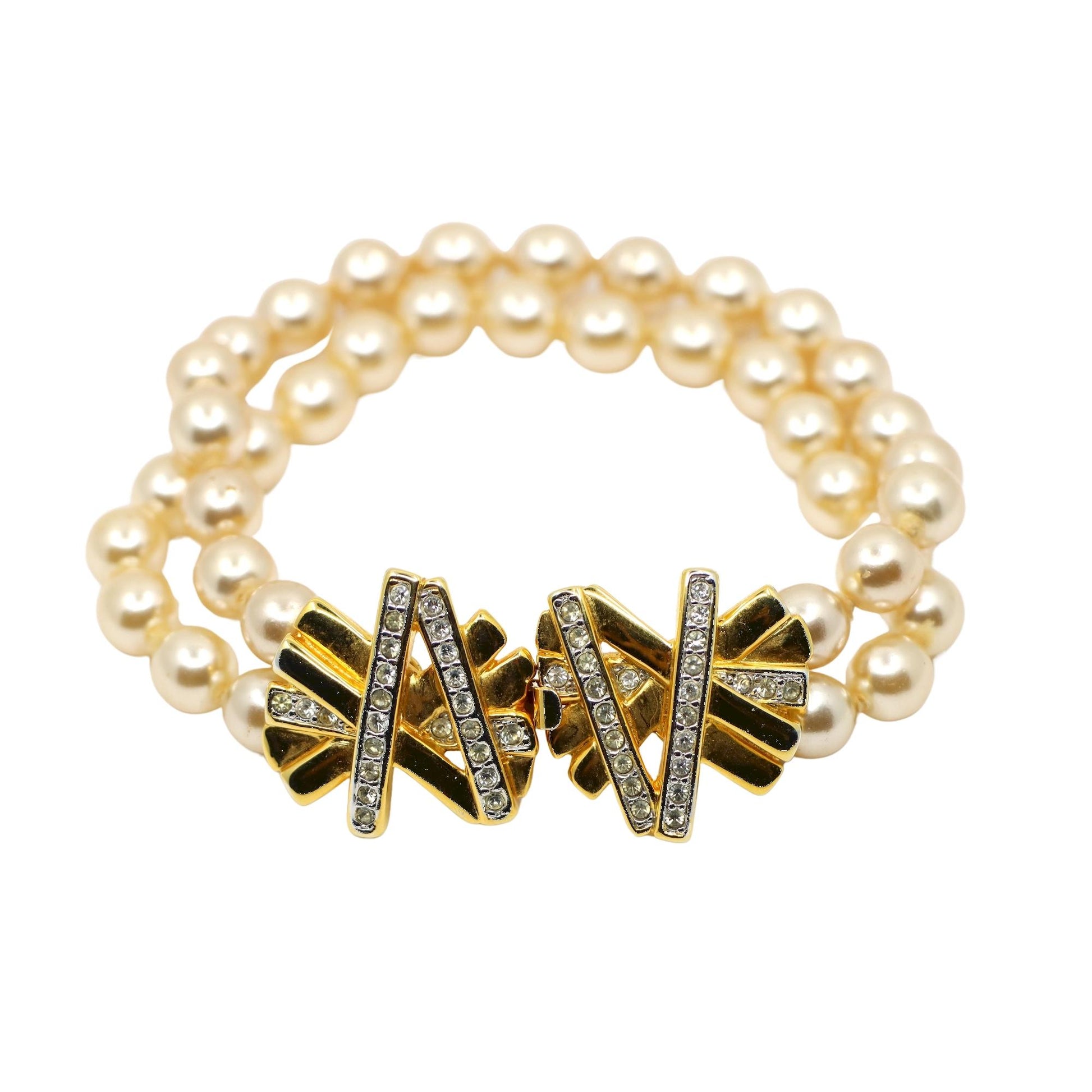 Vintage KJL Gold Tone Rhinestone Faux Pearl Bracelet