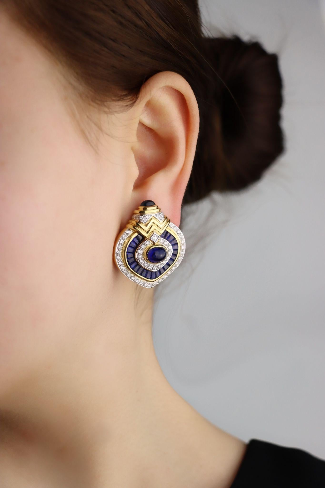 Vintage 18K Gold Diamond  Sapphire Earrings