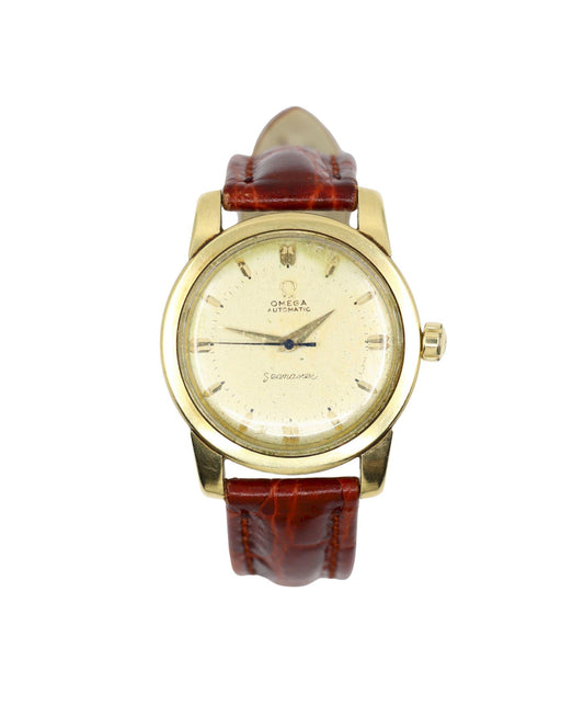 Vintage Omega 14K Gold Automatic Seamaster Brown Leather Watch