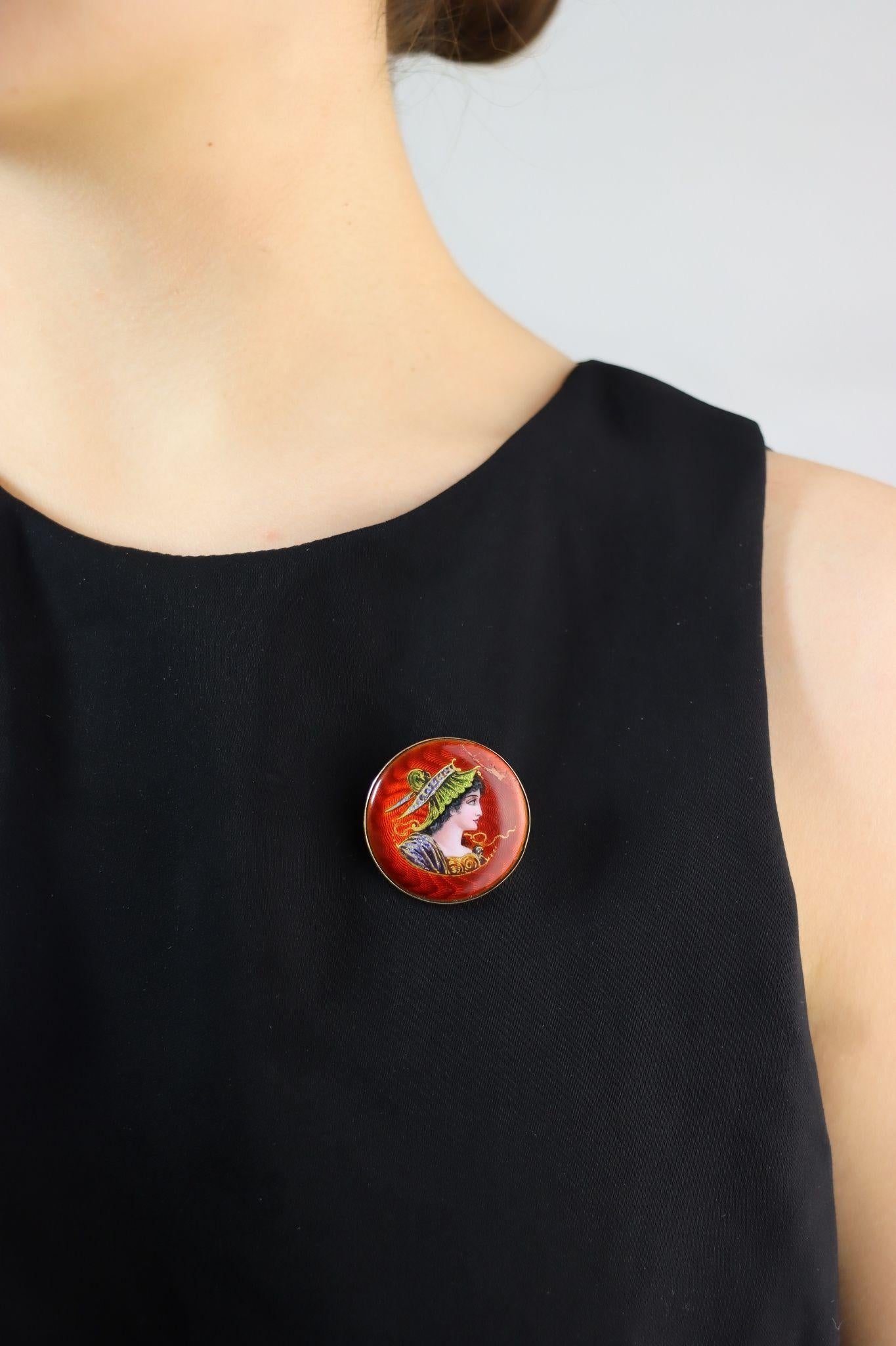 Vintage 14K Gold Enamel Painted Brooch Pin