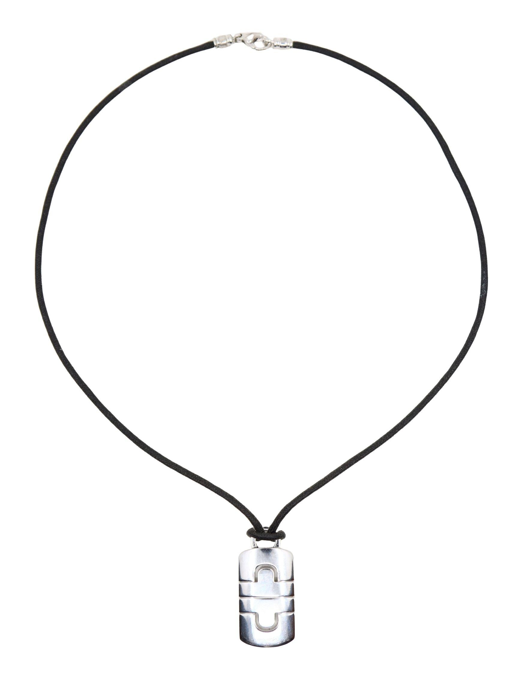 BVLGARI 18K White Gold Parentesi Pendant Leather Cord Necklace