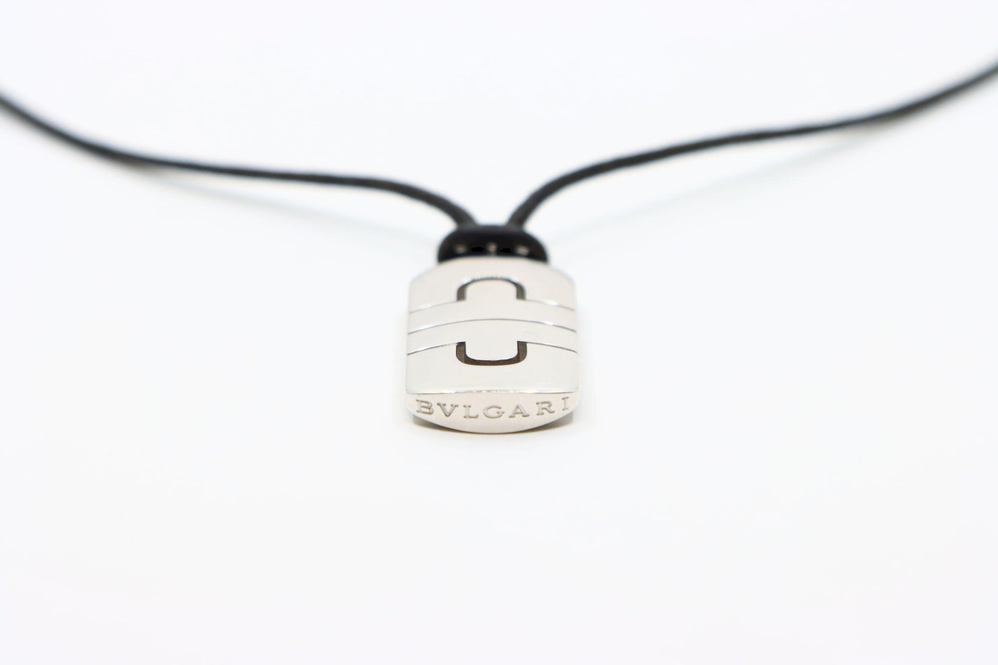 BVLGARI 18K White Gold Parentesi Pendant Leather Cord Necklace