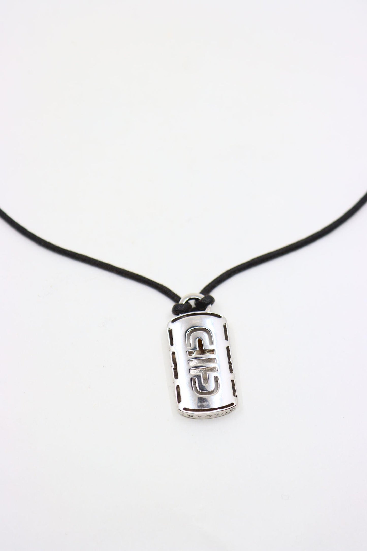 BVLGARI 18K White Gold Parentesi Pendant Leather Cord Necklace