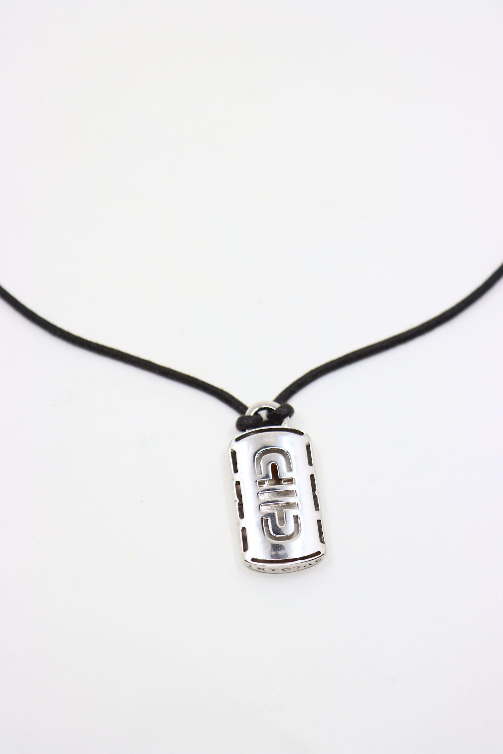 BVLGARI 18K White Gold Parentesi Pendant Leather Cord Necklace