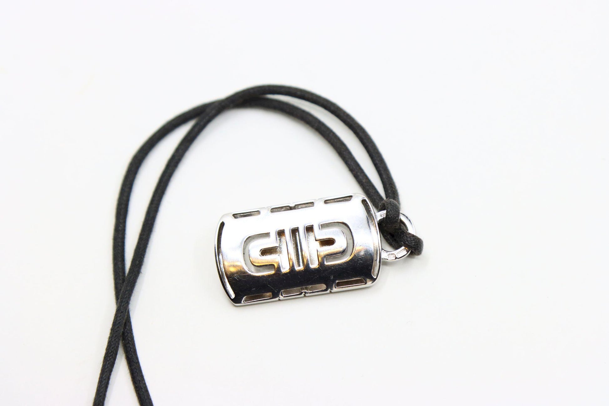 BVLGARI 18K White Gold Parentesi Pendant Leather Cord Necklace