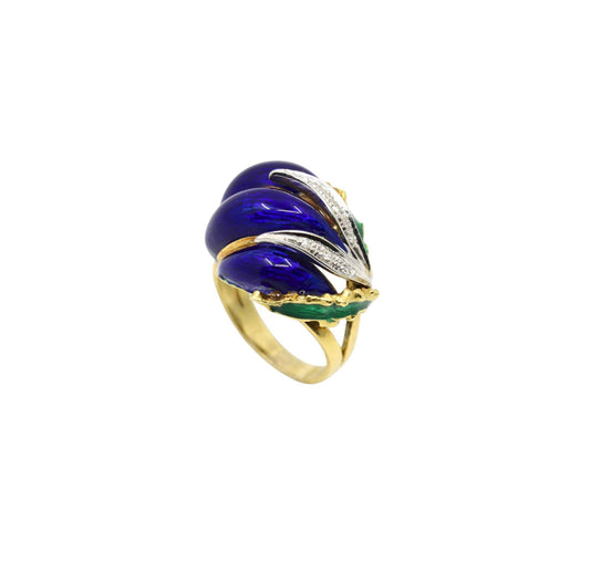 Vintage 18K Gold Diamond Enamel Ring